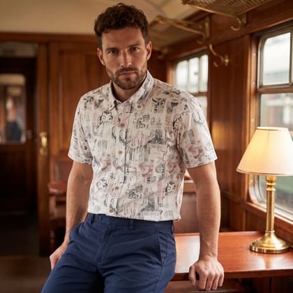 Kaufen Sie Henk ter Horst 100% katoenen overhemd met korte mouw en patchwork historische print Beige für nur 73,89 CHF bei Henk ter Horst fashion
