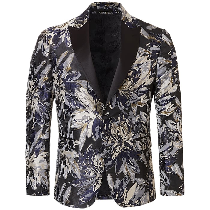 Kaufen Sie Henk ter Horst Festliche sakko florales Blatt florales Muster Lurex irisierend glänzend glitzernd Smokingjacke Smokingjacke mit hochgeschnittenem Revers Blau für nur 124,78 CHF bei Henk ter Horst fashion