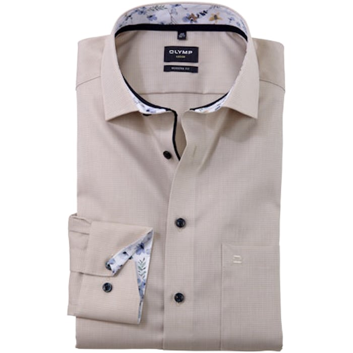 Kaufen Sie Olymp Modern Fit Baumwollhemd | Langarm | Beige | Bügelleicht | Florale Kontraste an Kragen &amp; Manschette für nur 79,95 CHF bei Henk ter Horst fashion