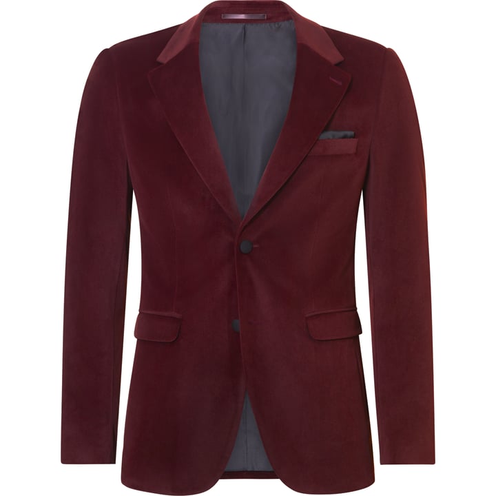 Weis Samt-Sakko | Bordeaux | Kantiger Revers | Klappentaschen | Kissing Buttons | Uni