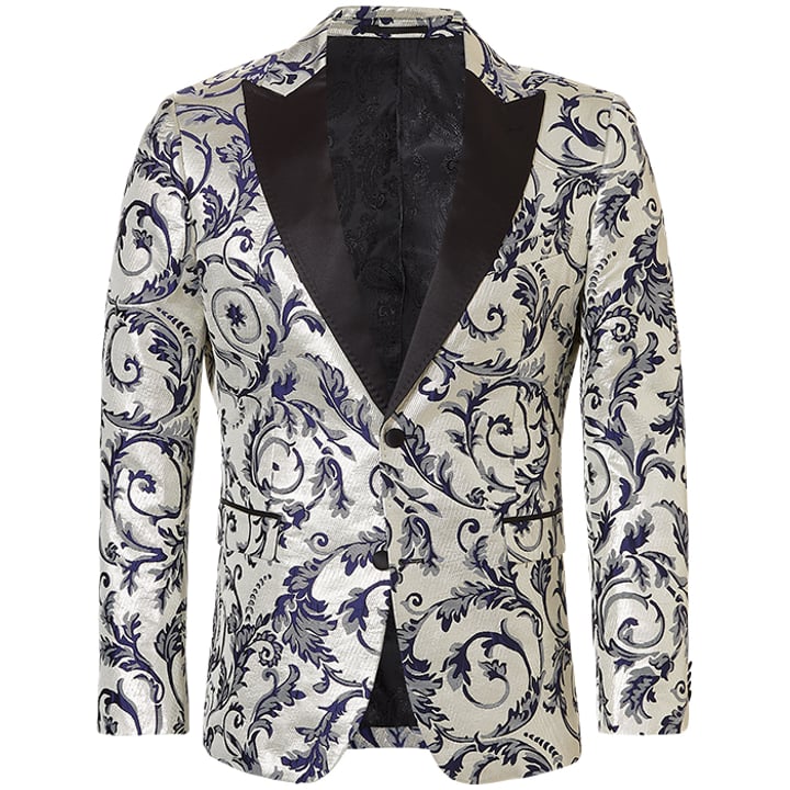 Henk ter Horst Festliche sakko florales Blatt florales Muster Lurex irisierend glänzend glitzernd Smokingjacke Smokingjacke mit hochgeschnittenem Revers Silber