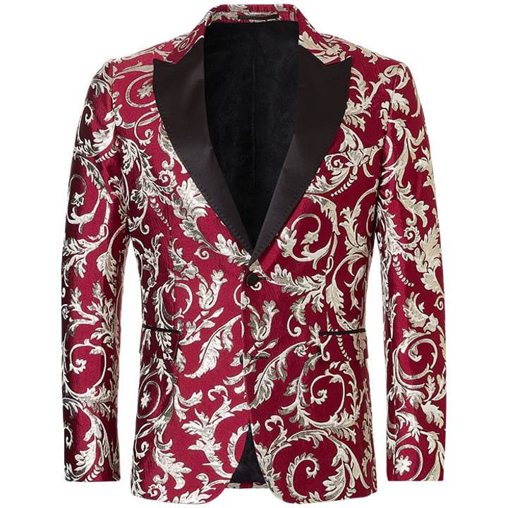 Henk ter Horst Festliche sakko florales Blatt florales Muster Lurex irisierend glänzend glitzernd Smokingjacke Smokingjacke mit hochgeschnittenem Revers Rot