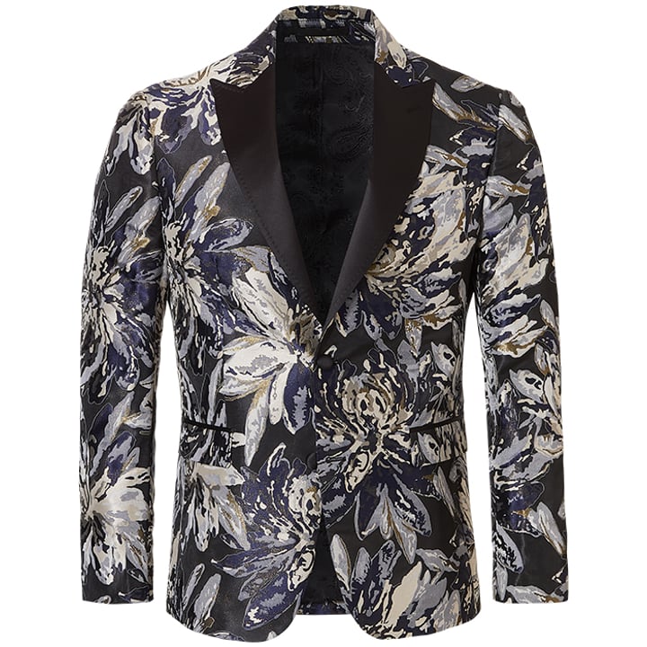 Henk ter Horst Festliche sakko florales Blatt florales Muster Lurex irisierend glänzend glitzernd Smokingjacke Smokingjacke mit hochgeschnittenem Revers Blau