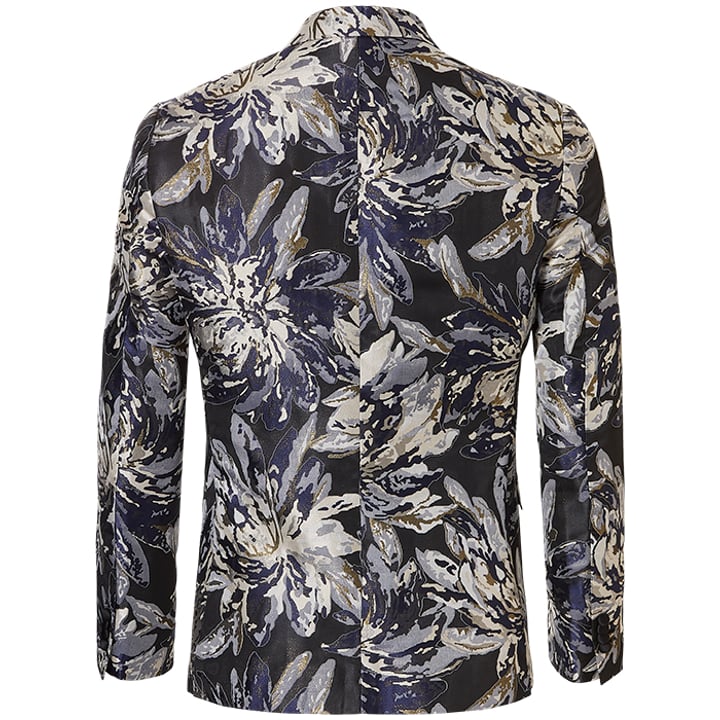 Henk ter Horst Festliche sakko florales Blatt florales Muster Lurex irisierend glänzend glitzernd Smokingjacke Smokingjacke mit hochgeschnittenem Revers Blau