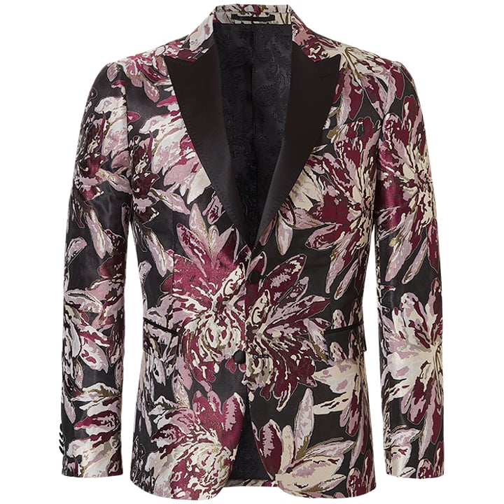Henk ter Horst Festliche sakko florales Blatt florales Muster Lurex irisierend glänzend glitzernd Smokingjacke Smokingjacke mit hochgeschnittenem Revers Bordeaux