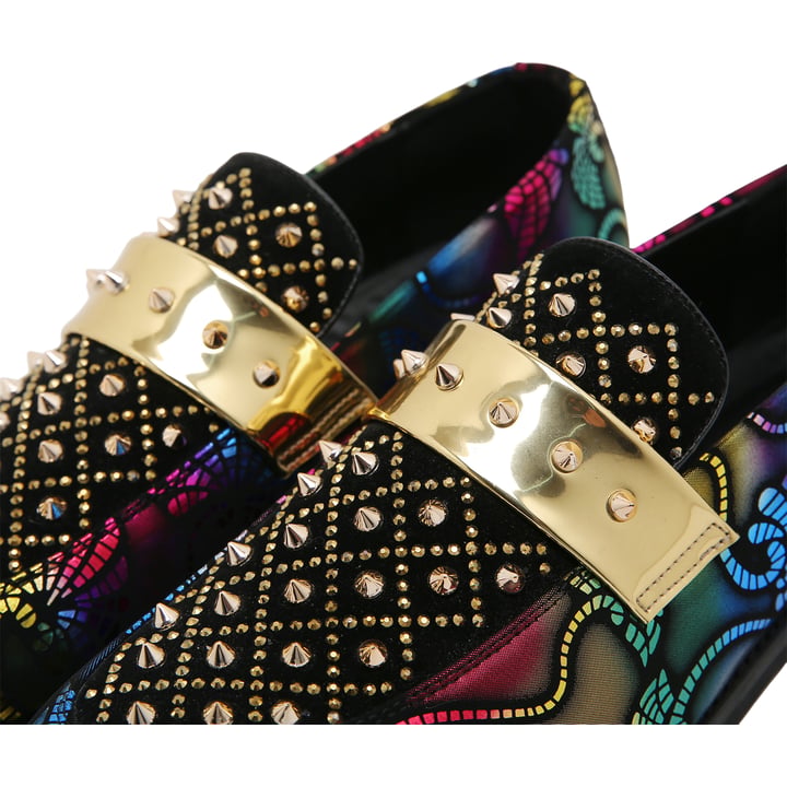 Henk ter Horst Loafer | Strass-Applikationen | Bunter Multicolor-Print | Gold-Riemen | PU