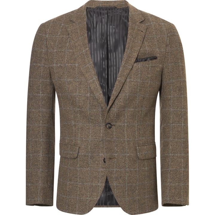 Weis Sakko Hellbraun | Windowpane Karomuster | Hopsack Struktur | Mit Schurwolle | Meliert