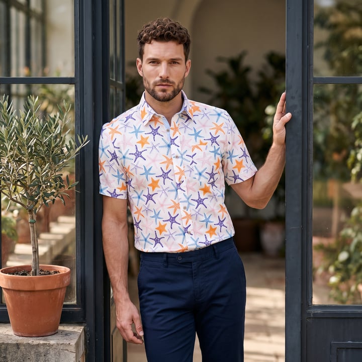 Kaufen Sie Henk ter Horst 100% katoenen overhemd met korte mouw en zeesterren print Zalm für nur 73,89 CHF bei Henk ter Horst fashion