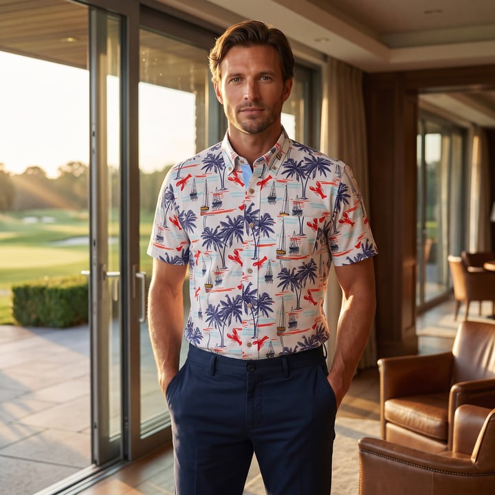 Kaufen Sie Henk ter Horst 100% katoenen overhemd met korte mouw en kreeften palmbomen bootjes print Rood für nur 73,89 CHF bei Henk ter Horst fashion