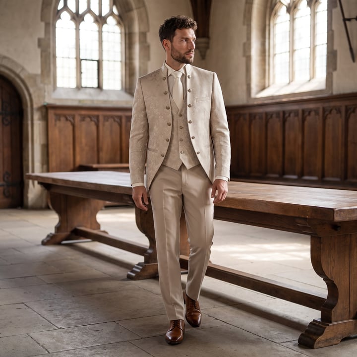 Kaufen Sie Tziacco 3-delig exclusief barok trouwkostuum jacquard Beige für nur 924,20 CHF bei Henk ter Horst fashion