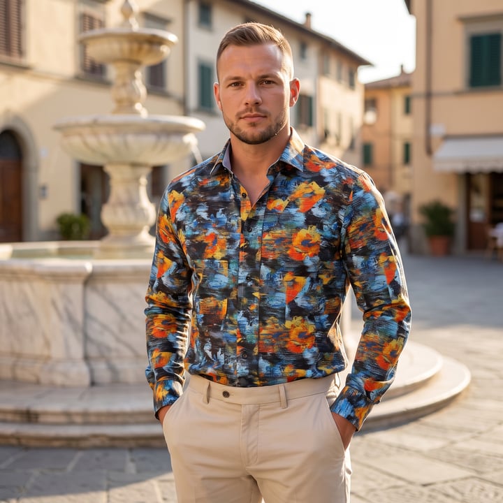 Kaufen Sie Henk ter Horst 100% katoenen overhemd met lange mouw en wazige aquarel vlekken Oranje für nur 75,23 CHF bei Henk ter Horst fashion