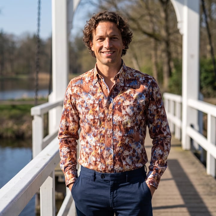Kaufen Sie Henk ter Horst 100% katoenen overhemd met lange mouw en aquarel bloemen iris Bruin für nur 75,23 CHF bei Henk ter Horst fashion
